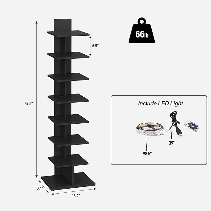 TUTOTAK Narrow Bookshelf, 8-Tier Bookcase
