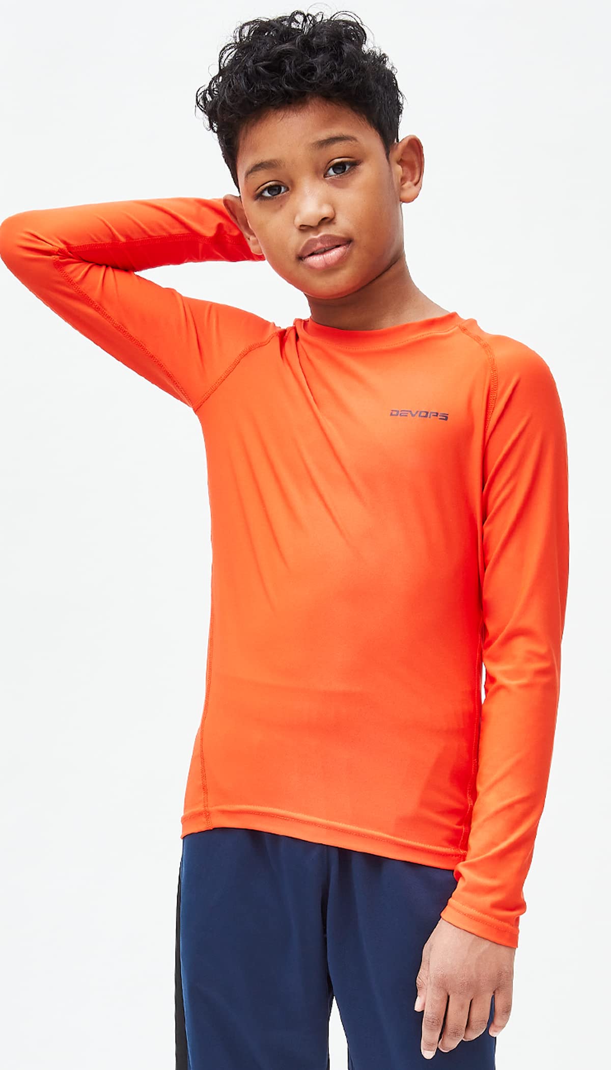 DEVOPS Youth Boys 3-Pack Compression Athletic Performance Baselayer Long Sleeve Shirts (X-Small, Black/Blue/Orange)