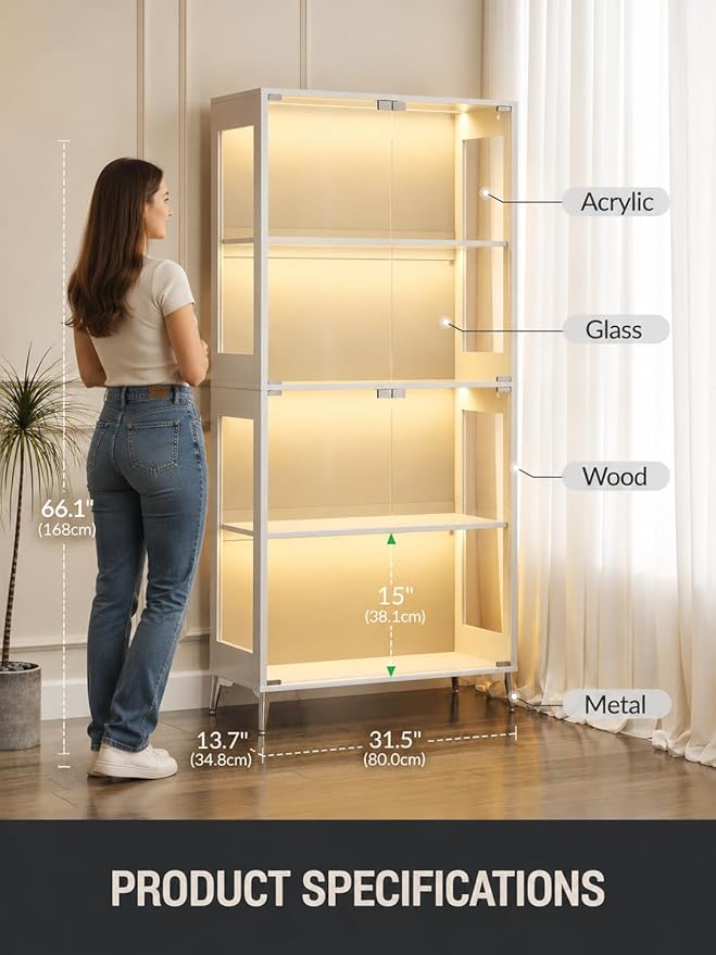Display Cabinet with Glass Doors, 4-Tier Curio Cabinet, Adjustable Shelves