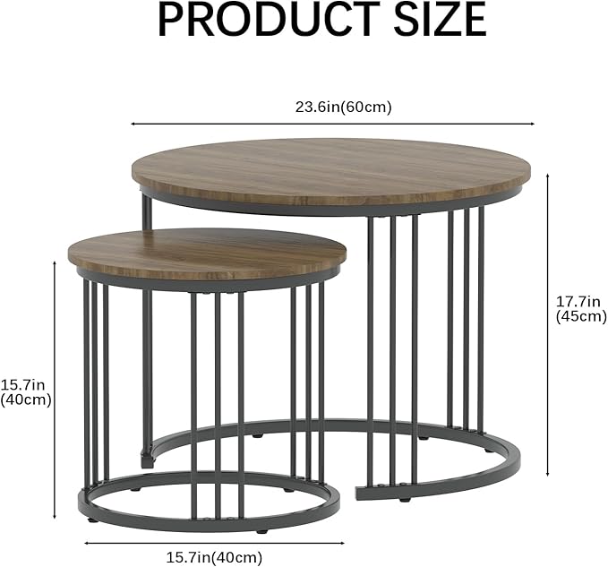 Garden 4 you Nesting Coffee Table, 23.6" Round Coffee Table Set of 2, Wooden