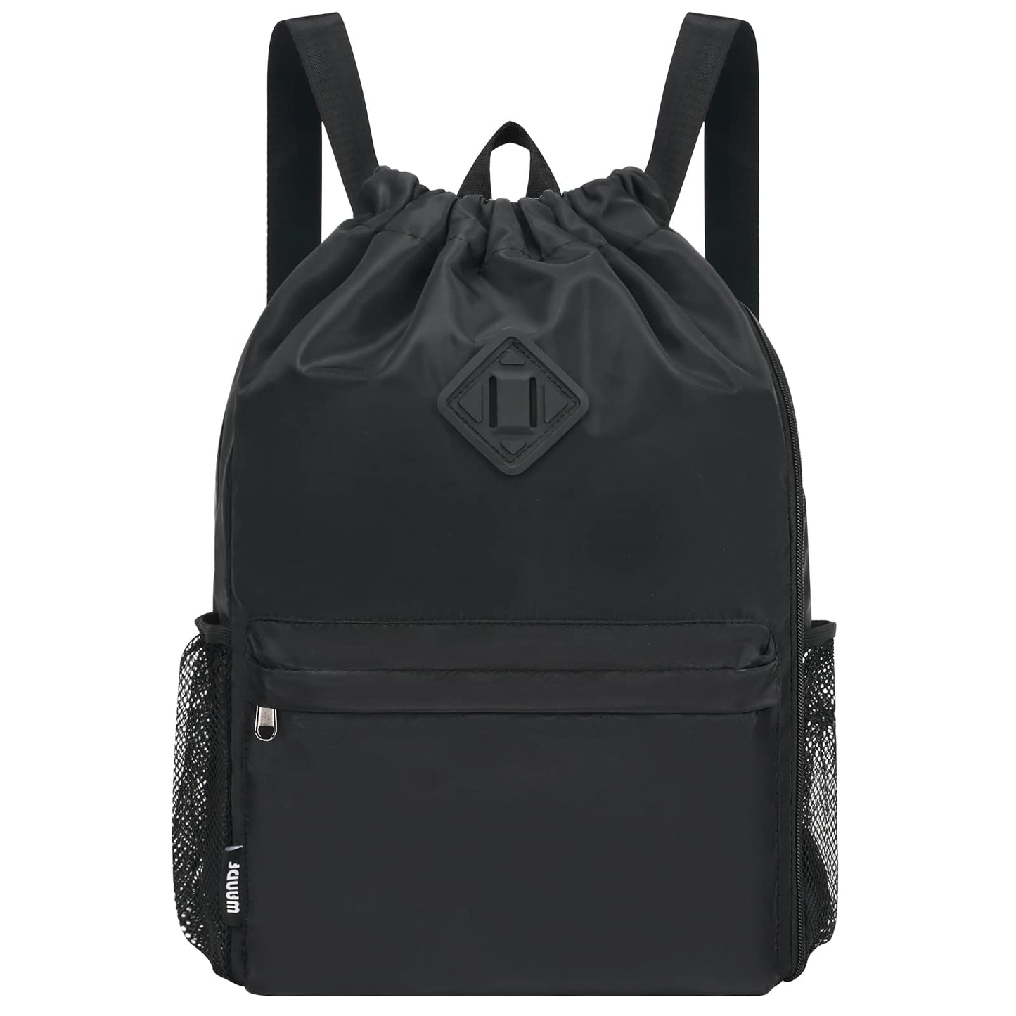 WANDF Drawstring Backpack Sports Gym Bag with Shoes Compartment, Water-Resistant String Backpack Cinch for Women Men (Large,Black)