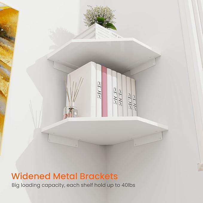 Homode Corner Shelf Wall Mount, Cable Box, 2 Tier Wood Hanging Storage Shelf