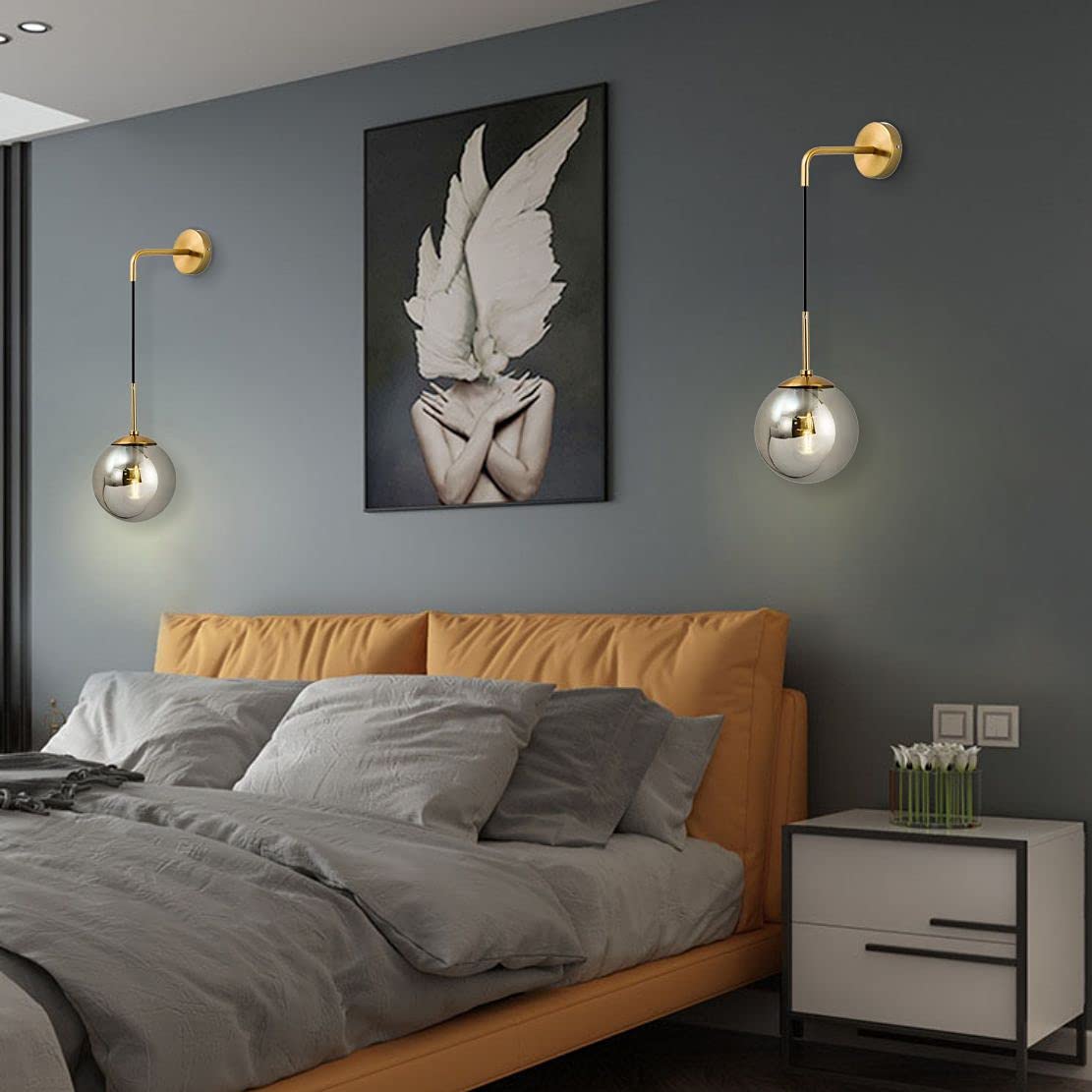KCO Lighting Modern Glass Globe Wall Sconce Minimalist Gold Wall Mounted Sconce Light with Smoke Grey Lampshade Round Wall Lamp for Bathroom Mirror Bedroom (Smoke Grey-2PC)