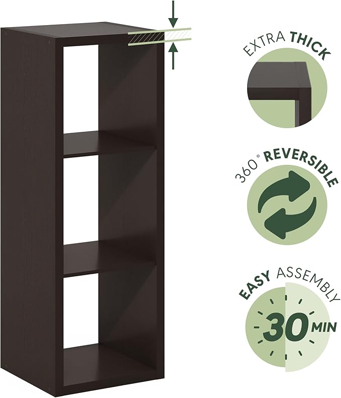 Furinno Cubicle Book Shelf, 3-Cube Bookshelf, Extra Thick Frame Horizontally &