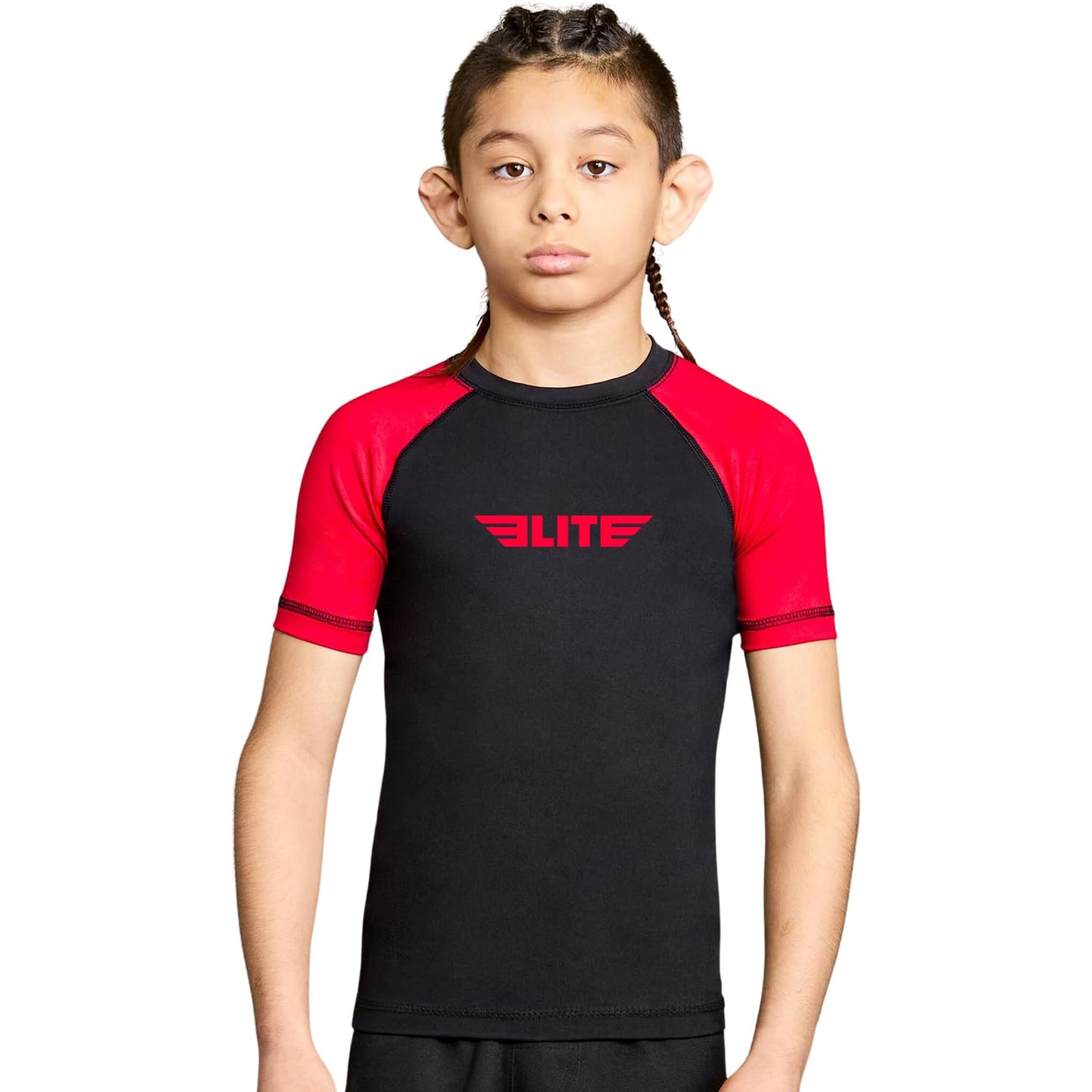 Elite Sports Kids Jiu Jitsu BJJ Rash Guard, Short Half Sleeve Compression Shirt for Youth Boys Girls Sports Nogi Training Red