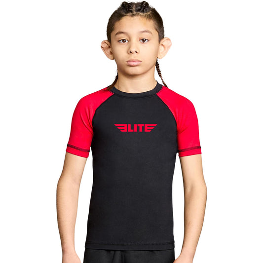 Elite Sports Kids Jiu Jitsu BJJ Rash Guard, Short Half Sleeve Compression Shirt for Youth Boys Girls Sports Nogi Training Red