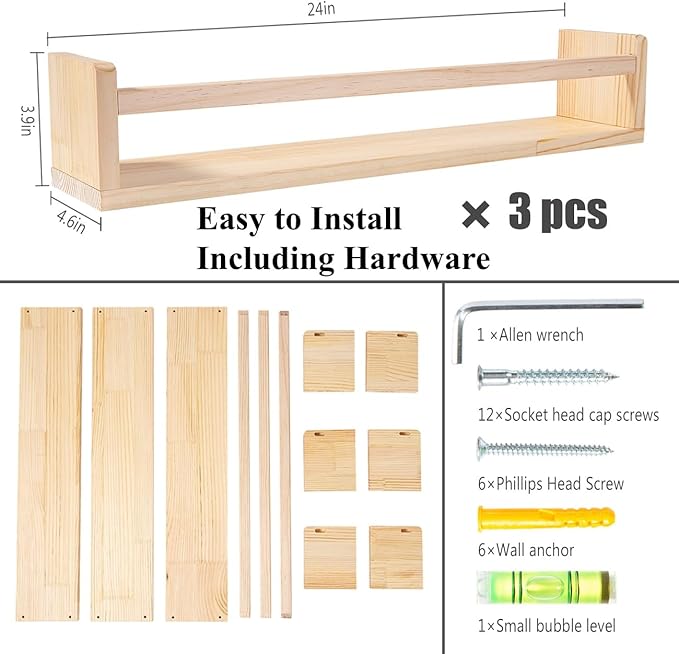 AZSKY 24 Inch Natural Pine Wood Floating Shelves, Nursery Book Shelves
