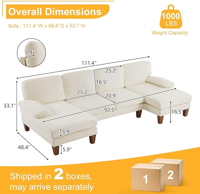 Karl home 111" Sectional Sofa U-Shaped 4-Seat Couch