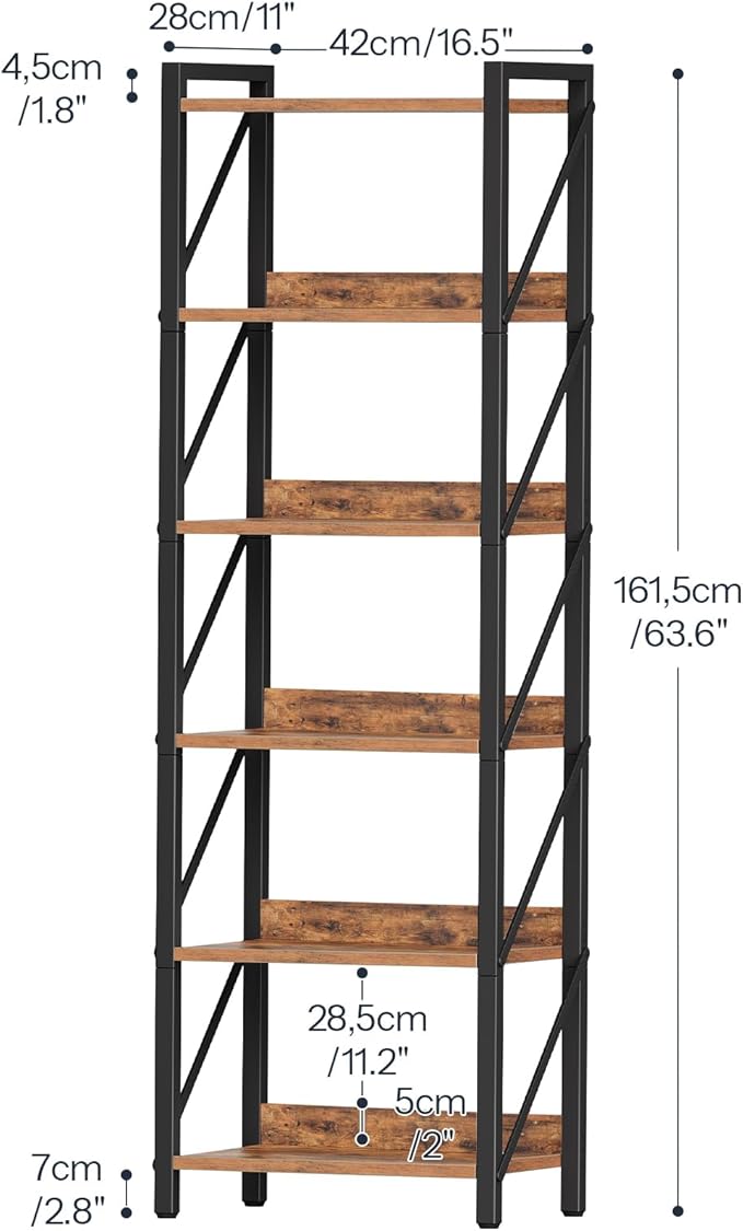 HOOBRO Bookshelf, 6-Tier Industrial Bookcase, Book Shelf Storage Organizer