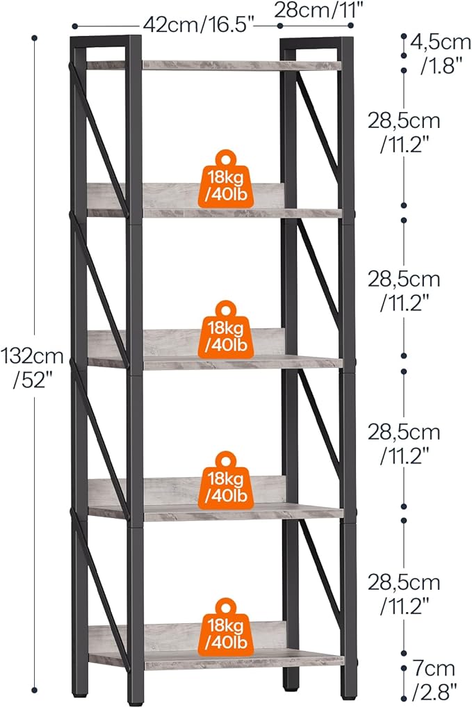 HOOBRO Bookshelf, 5-Tier Industrial Bookcase, Book Shelf Storage Organizer