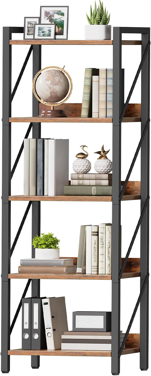 HOOBRO Bookshelf, 5-Tier Industrial Bookcase, Book Shelf Storage Organizer