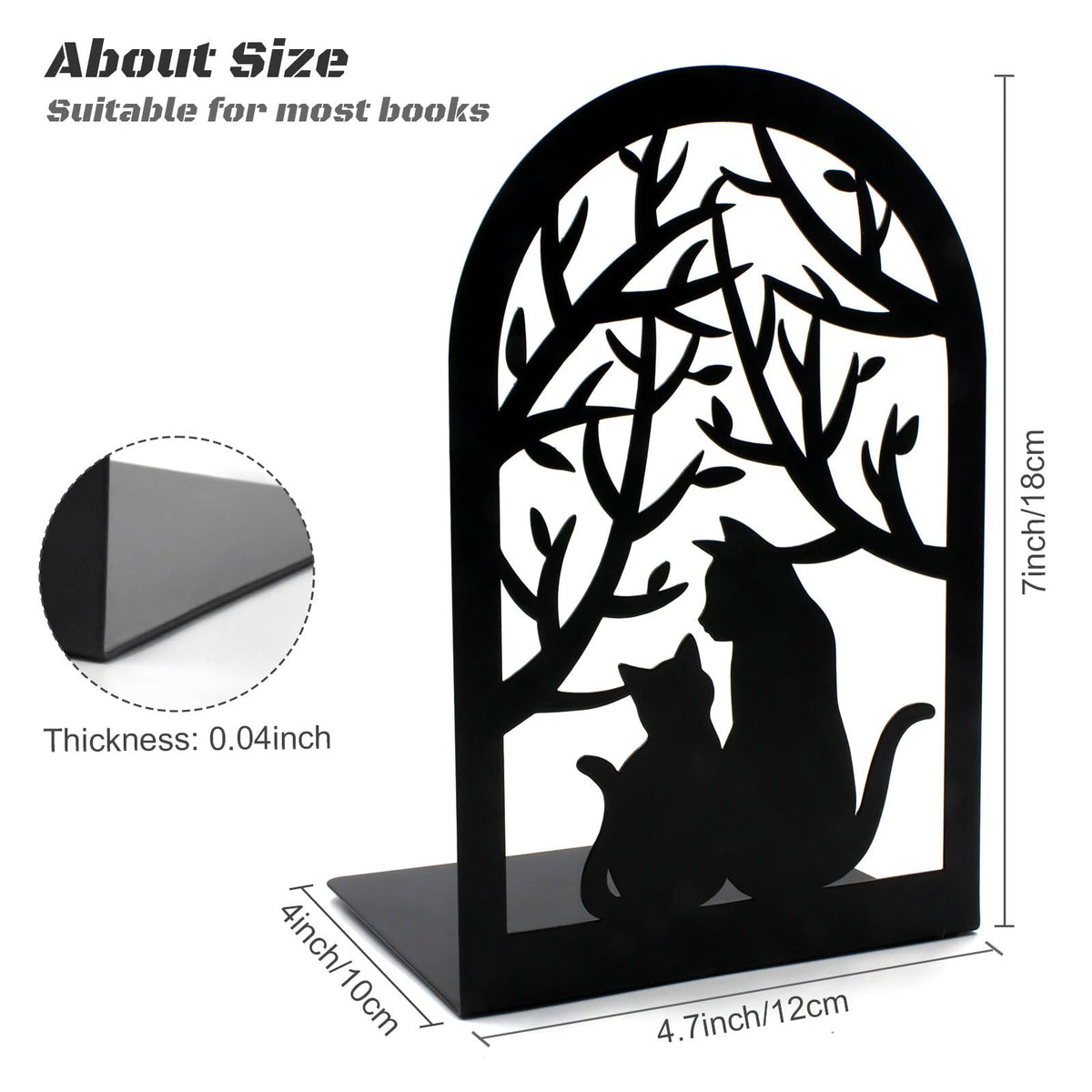 Book Ends, Bookends, Metal Bookend, Cat Decorative Bookends, Bookends for Shelves, Home Decorative Bookends for Heavy Books, Black Non-Skid Book Stopper, 7 x 4.7 x 4 inch (2 Pair)