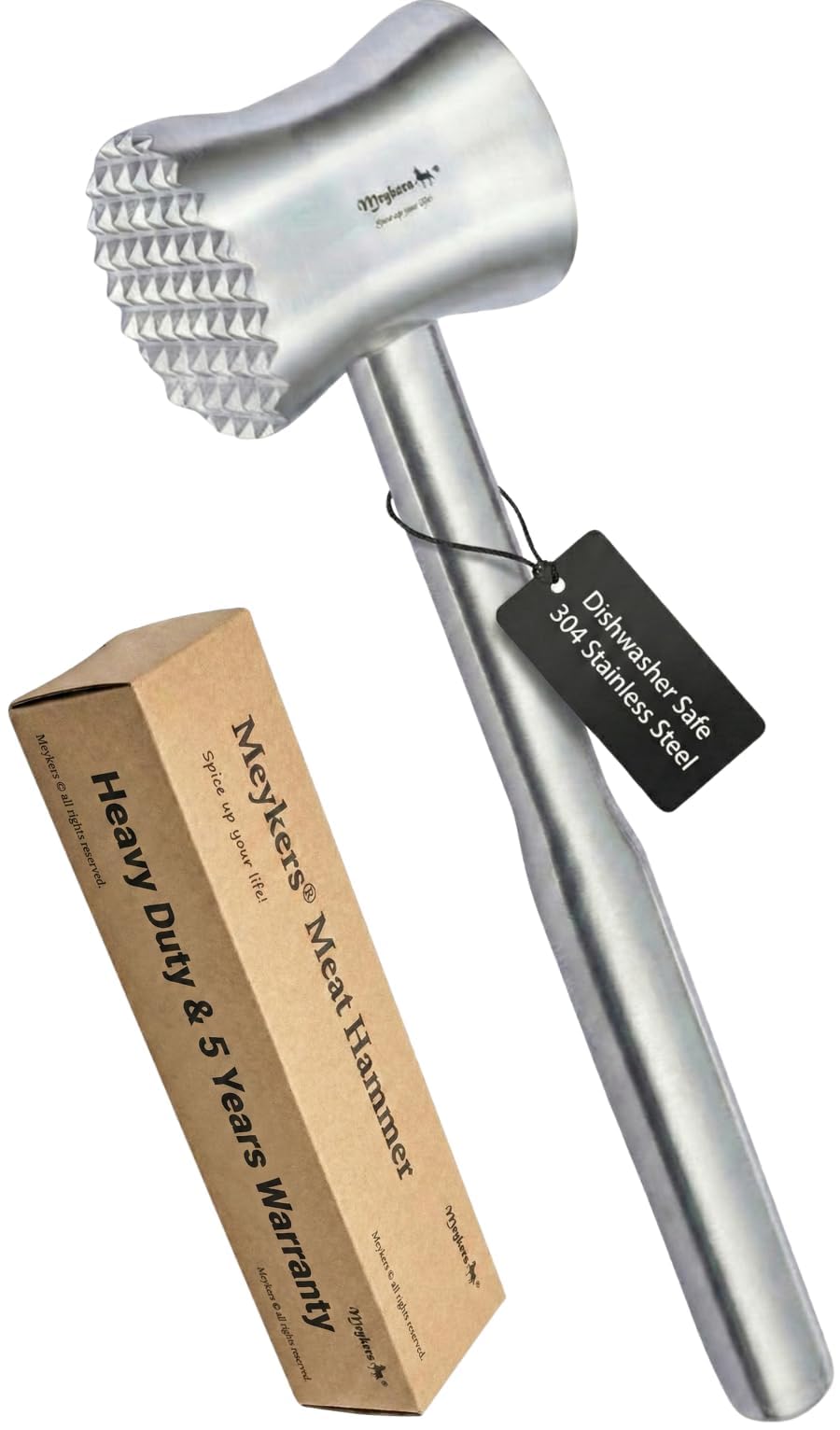 Meykers Meat Tenderizer Mallet | 304 Stainless Steel | Dishwasher Safe | Meat Pounder Hammer Flattner Beater | Kitchen Tool for Steak Chicken Poultry Food | ablandador de carne martillo para carne