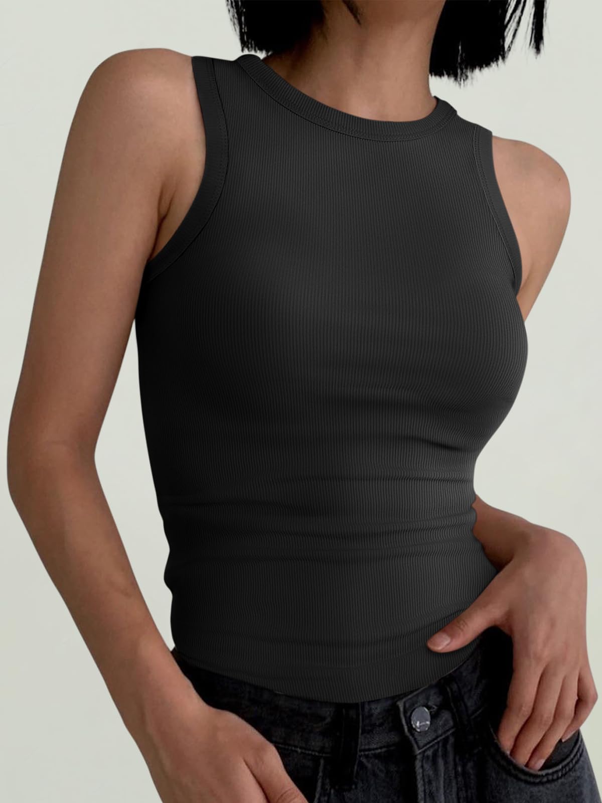 ANRABESS Womens Sleeveless High Neck Tank Tops Fashion Summer Casual Basic Slim Fit Ribbed Racerback Top Shirt Clothes Black-M