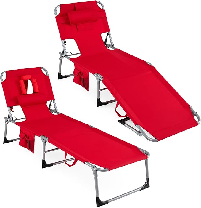 Goplus Tanning Chair, Folding Adjustable Patio Lounger w/Face Arm Holes