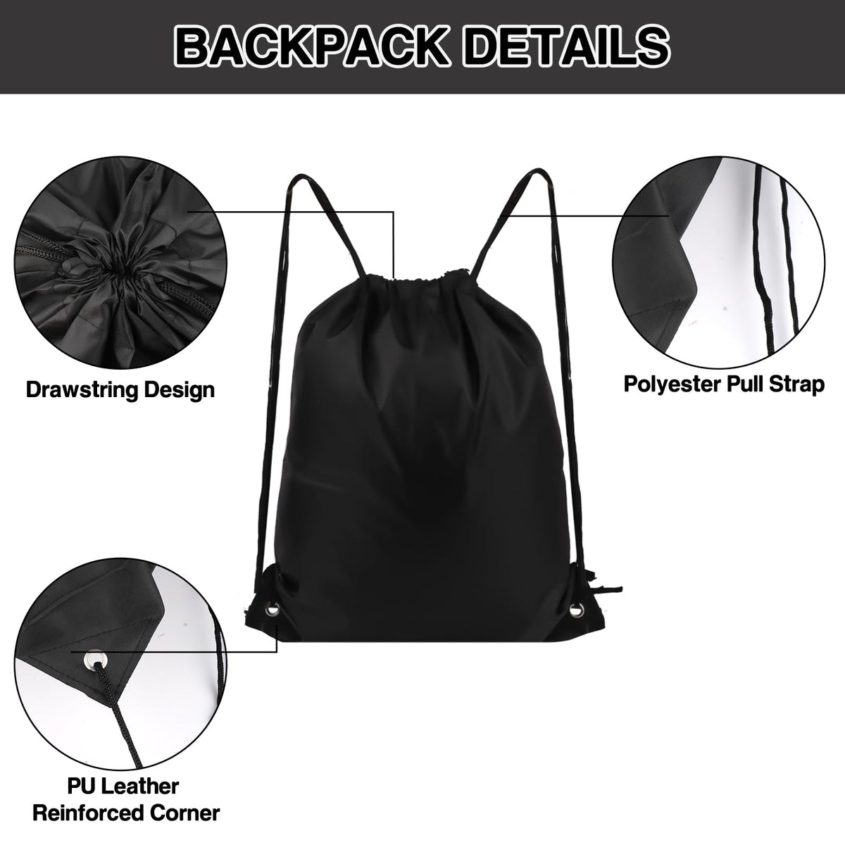 COIDEA 6Pcs Drawstring Backpacks, Medium, Black, Sports, Gym, Travel, Swimming, Beach (CBT6809-HSCSBB-X6)