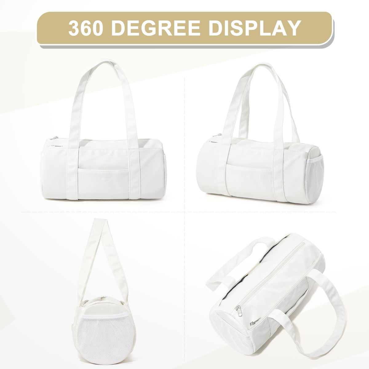 Small Gym Bag 13.78"x6.7"x6.7" Carry On Duffel Bag, Mini Personal Item Bag Lightweight Tote Weekender Overnight Bags for Women and Men Sports, Traveling, Swimming, Yoga (Cream Color)