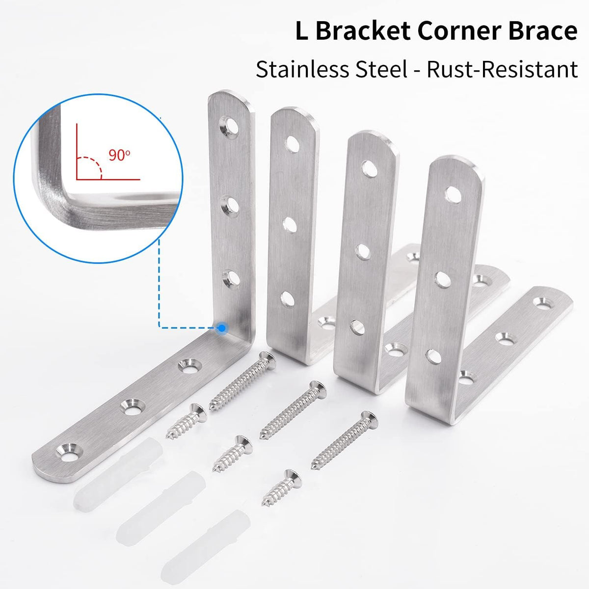 YUMORE L Bracket, 4x4 Inch Max Load: 25lb/12kg Heavy Duty Stainless Steel Solid Shelf Support Corner Brace Joint Right Angle Bracket, Pack of 4