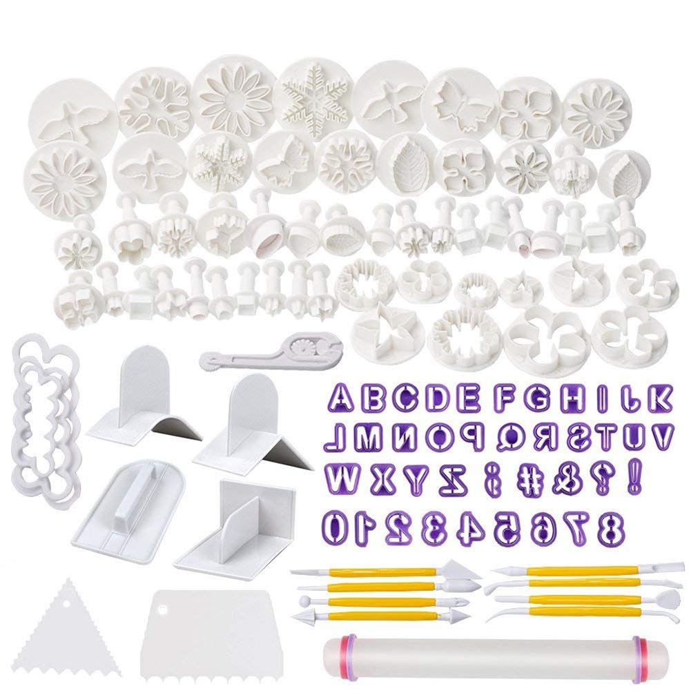 Soleebee 114 Pcs Cake Decorating Tools Fondant Cake Baking Decorating Sugar Craft Icing Tools Plunger Cutters Snowflake Rose Flower Moulds Set Letter Cookie Cutters Rolling Pin Equipment Accessories
