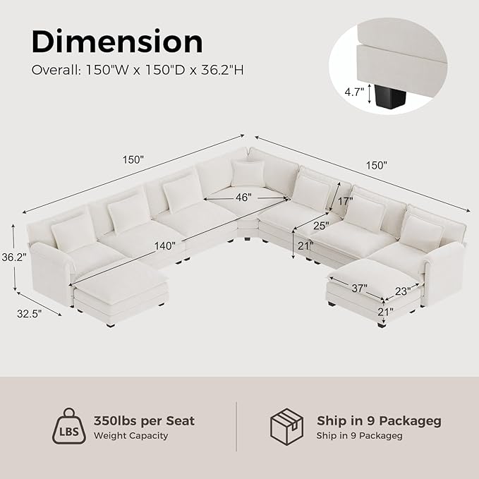 ELUCHANG 150" Oversized V-Shaped Cloud Couch Modular Sectional Sofa