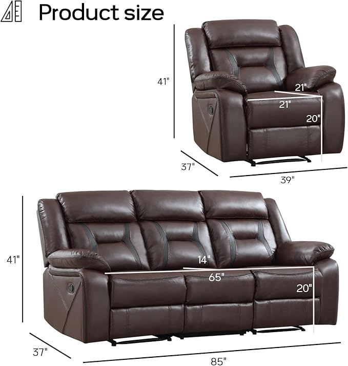 EBELLO Manual Recliner Sofa Set, Faux Leather Reclining Living Room Furniture