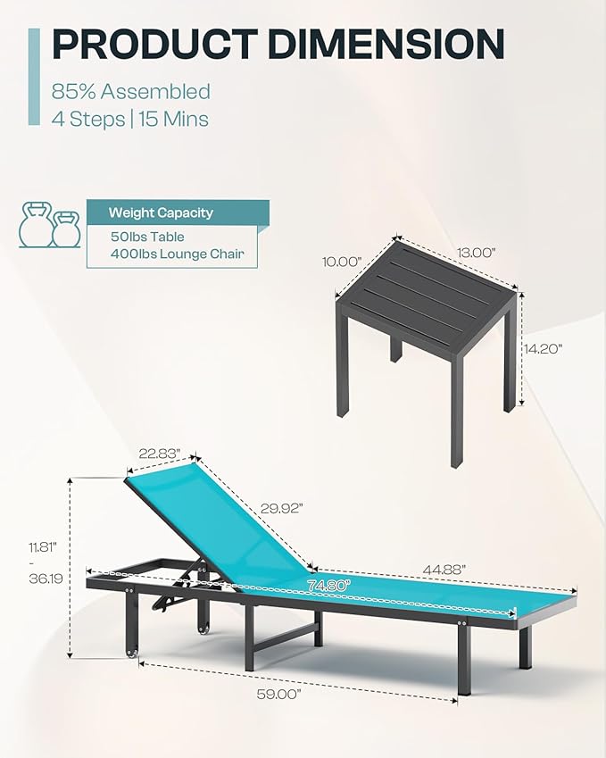 Aluminum Outdoor Lounge Chairs Set of 2, Pool Lounge Chairs