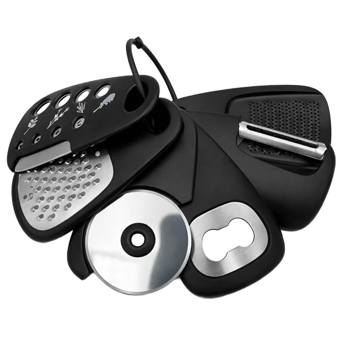 6-Piece Unique Kitchen Gadget Set in Black, Stackable Space-Saving Tools Including Grater, Peeler, Pizza Cutter, and Bottle Opener