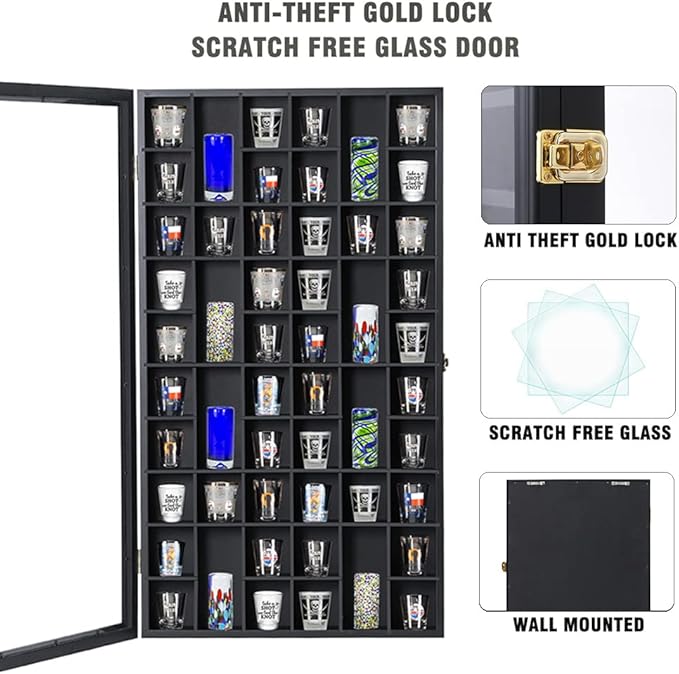 Shot Glass Display Case Large Wooden Cabinet Rack Holder Wall Mounted Black