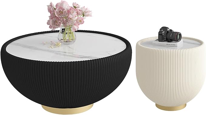 SSLine Bowl-Shape Coffee Table Set of 2 Modern Sintered Stone Top Nesting