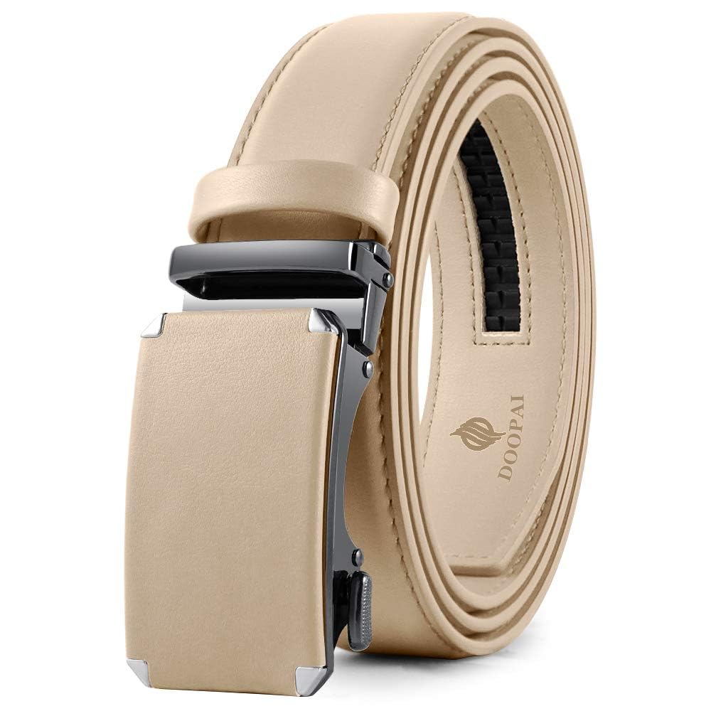 DOOPAI Men's Leather Ratchet Belts, Adjustable Belt in Beige with Sliding Length 28-36", Metal Buckle Men's Belt Cut to fit in the Gift Box