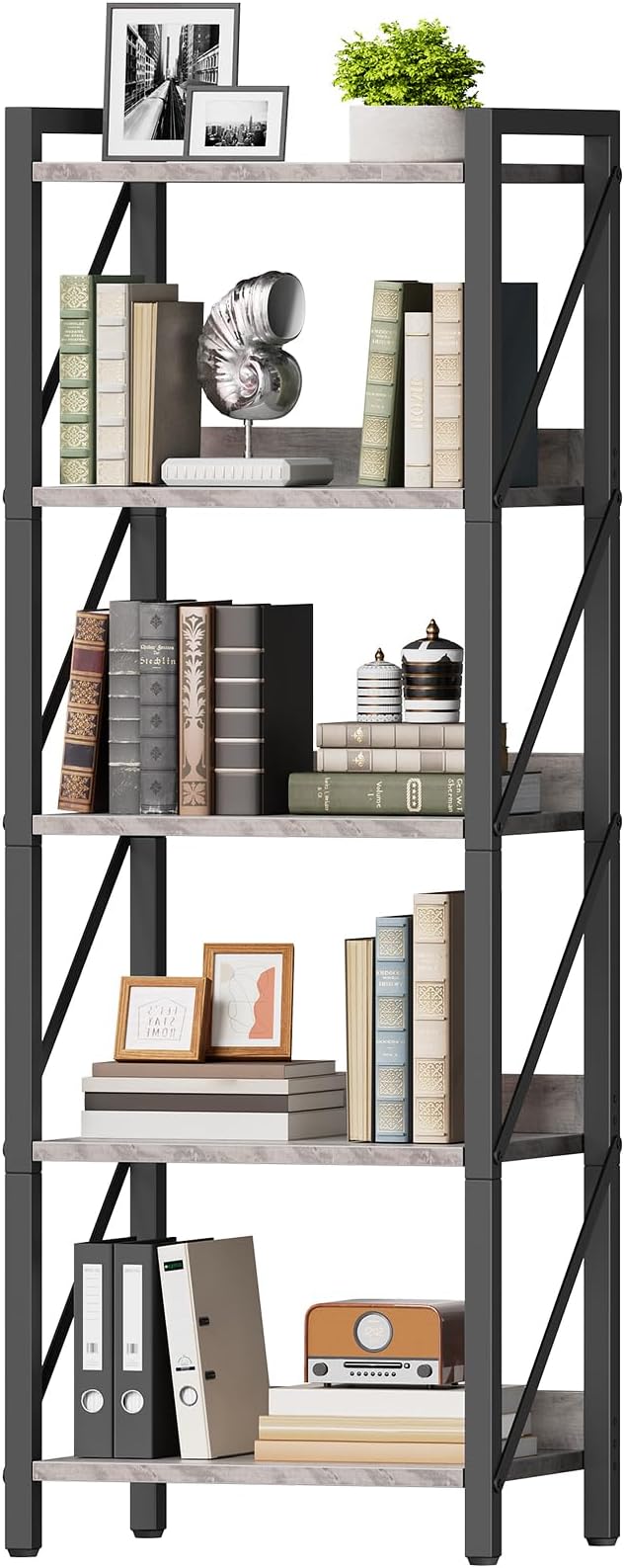 HOOBRO Bookshelf, 5-Tier Industrial Bookcase, Book Shelf Storage Organizer
