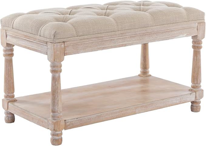 Farmhouse Storage Bench Wooden Entryway Linen Upholstered Ottoman Button Tufted