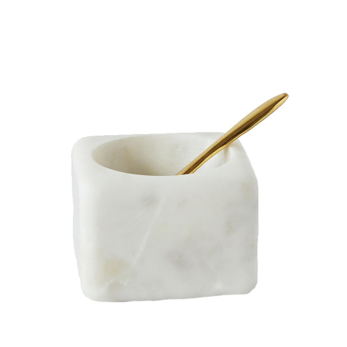 Creative Co-Op Square Marble Bowl with Brass Spoon, White