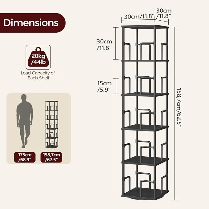 MAHANCRIS 5-Tier Rotating Bookshelf, Freestanding Corner Bookshelf, 360°