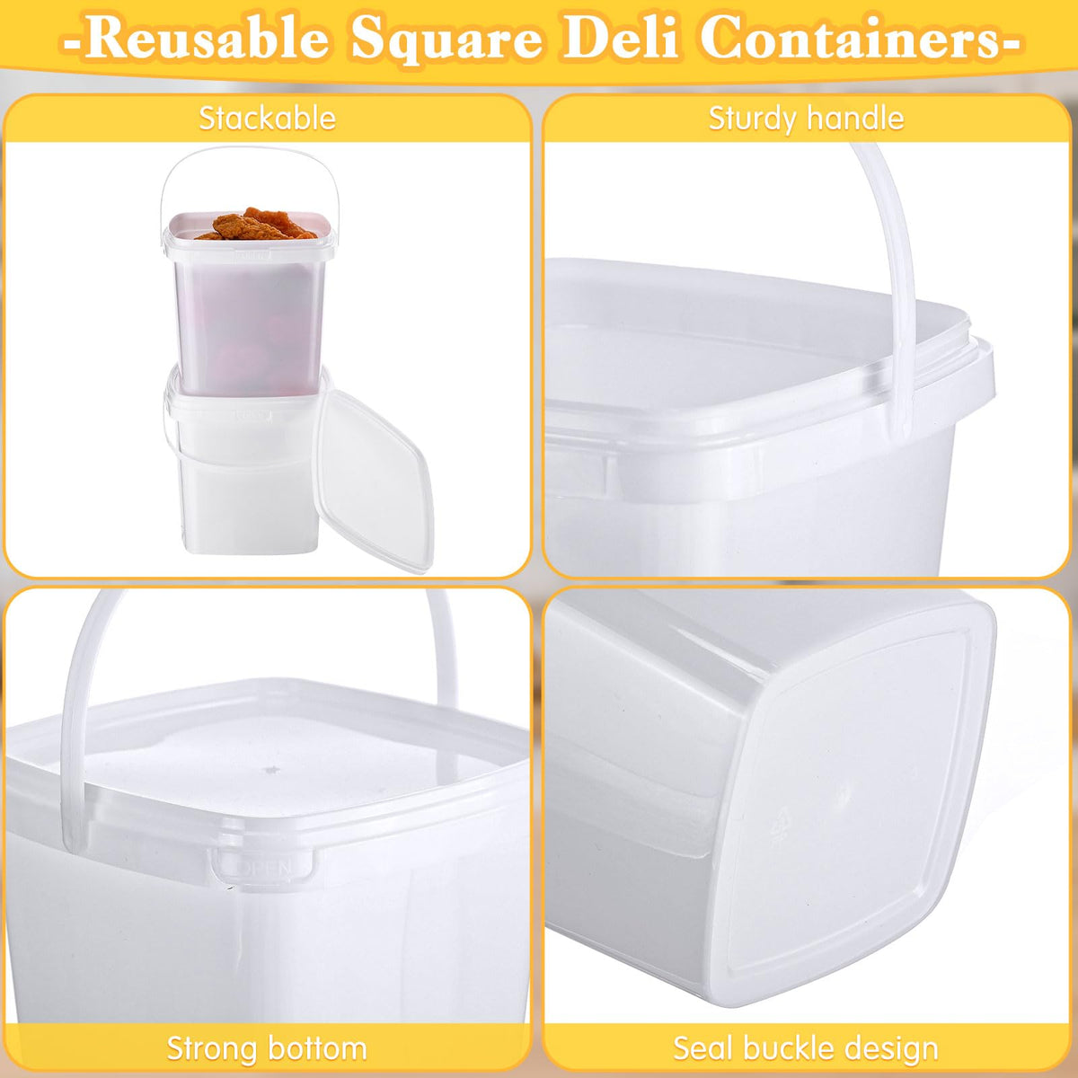 Mifoci 24 Pack 33.8 Oz/ 1L Square Deli Containers with Lids Airtight Ice Cream Bucket with Handle Reusable Freezer Microwave Safe Plastic Food Storage Containers Pail for Snack Take out
