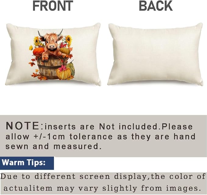 RABUSOFA Fall Decor Pillow Covers 12x20 Inch Lumbar Highland Cow Autumn Fall