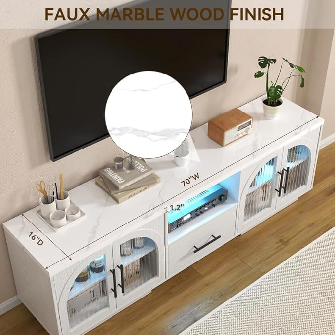 70" LED TV Stand with Storage for 75/80" TVs, Faux Marble Entertainment Center