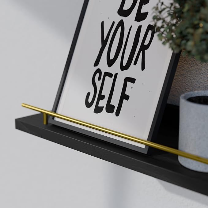 WOPITUES Floating Shelves with Gold Metal Guardrail, Shelves