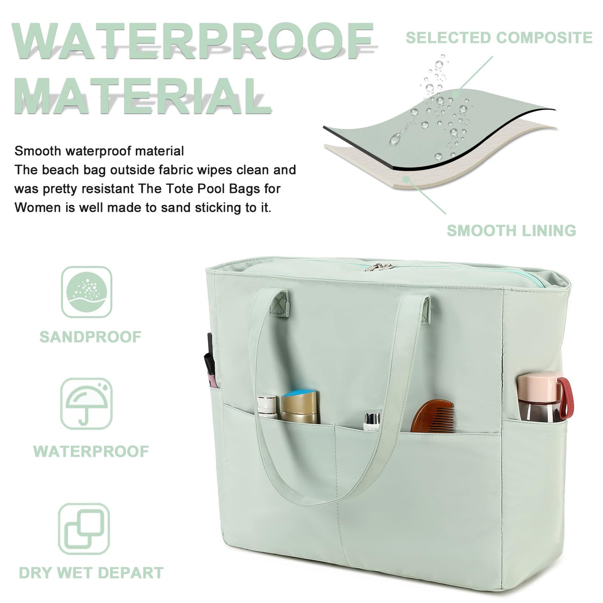 Waterproof Beach Tote Pool Bags for Women Ladies Extra Large Gym Tote Carry On Bag With Wet Compartment for Weekender Travel (Light green)