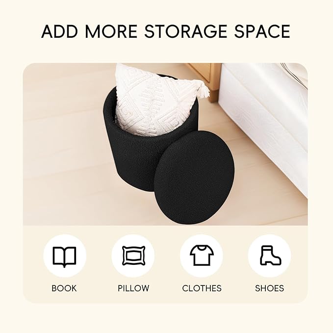 PINPLUS Ottoman with Stroage Round Boucle Ottoman and Tray Sherpa Removable