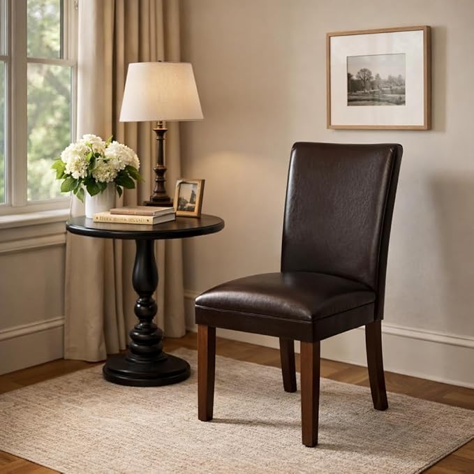 HomePop Parsons Upholstered Accent Dining Chair, Dark Brown Faux Leather