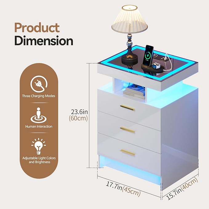 White Night Stand with Wireless Charging Station, Smart Bedside Table with 3
