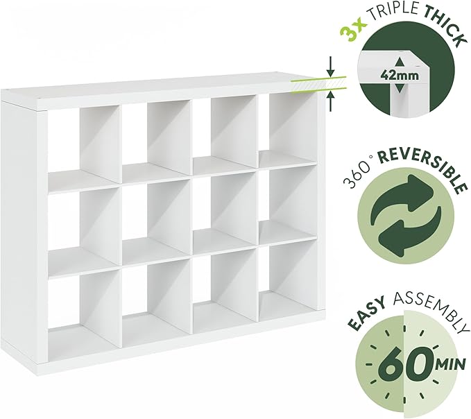 Furinno Cubicle Book Shelf, 12-Cube Bookshelf, Triple Thick Frame Cube Storage