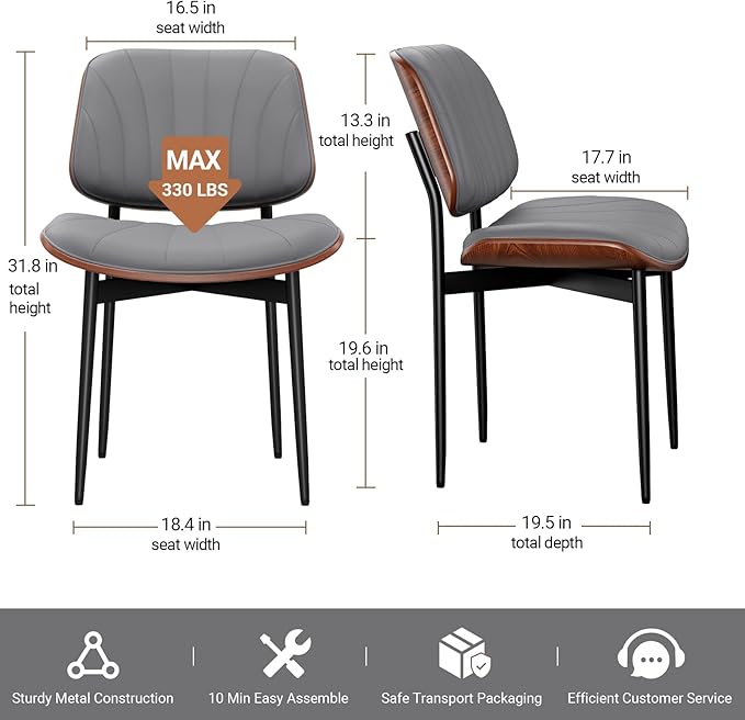 REONEY Dining Chairs Set of 6, Mid-Century Modern Upholstered PU Leather Chairs