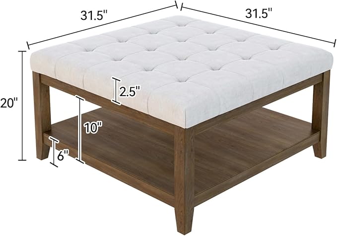 ABHENG 31.5” Large Square Storage Ottoman, Upholstery Solid Rubberwood Coffee