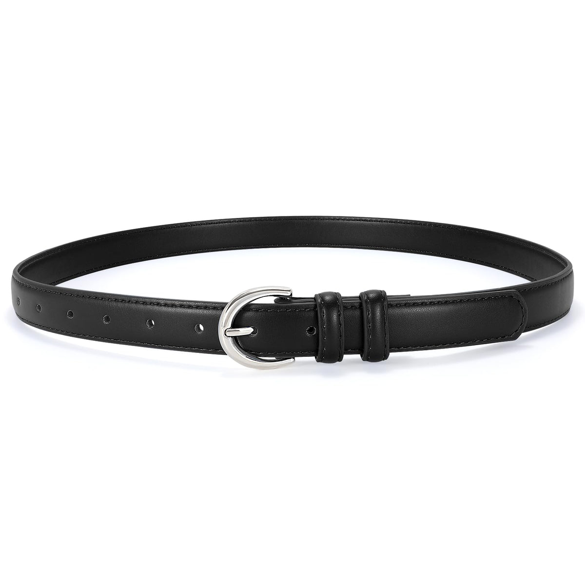 SANSTHS Women Leather Belt for Jeans Pants Fashion Ladies Skinny Belt for Dresses Thin Belt with Single Prong Buckle,Black,L