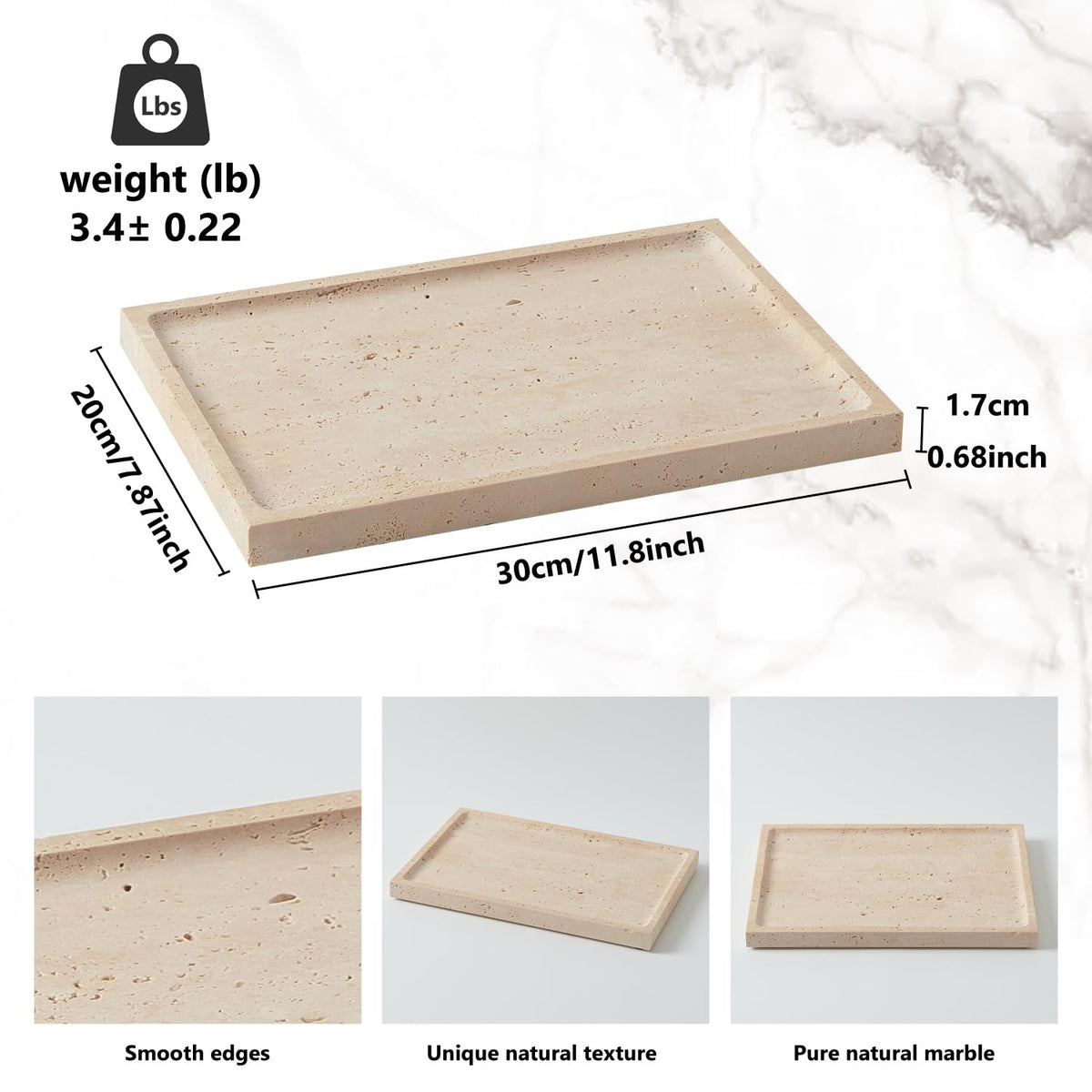 Real Luxurious Natural Travertine Tray - 12x8 Inch Marble Vanity Tray for Perfume Display, Jewelry Organizer, Bathroom & Home Decor -Heavy Duty Non-Slip Stone Tray (Non-Resin/Non-Ceramic)
