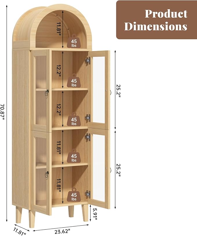 71" Tall Arched Cabinet with Acrylic Door, Modern Curio Arched Bookcase with