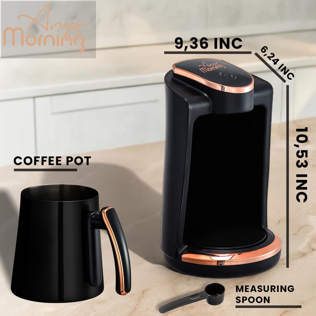 Any Morning Turkish & Greek Coffee Maker-Machine, 1 to 4 Cups Capacity, 100% BPA Free, 400W Electric Coffee Pot with Cook Sense Technology, Anti-Spill Design, Authentic Foamy Brew, Black