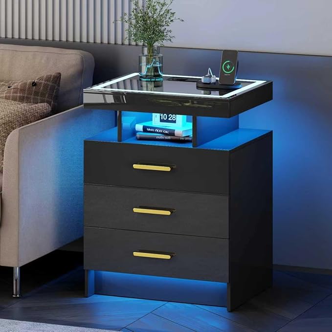 Black Night Stand Set 2 with Wireless Charging Station, Smart Bedside Table